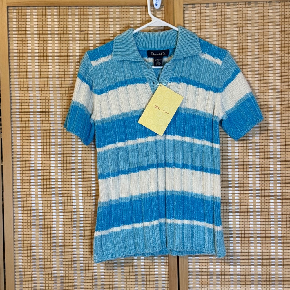 Denim & Co Blue White Striped Chenille Knit‎ Polo Short Sleeve Top XS NWT Preppy